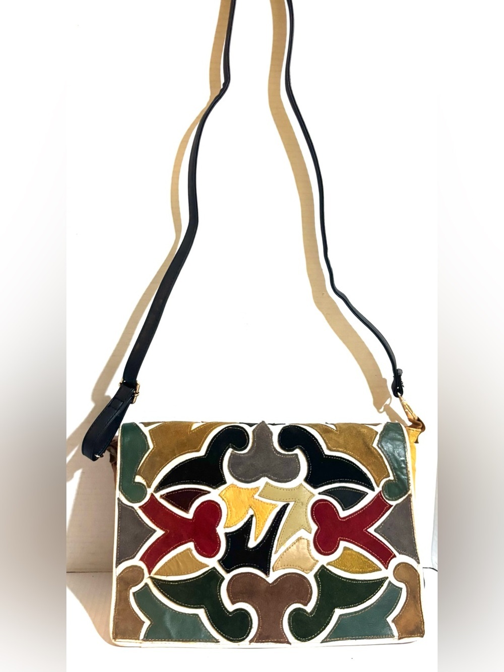 Vintage Multicolor Leather/ suede Crossbody Bag with Abstract Inlay